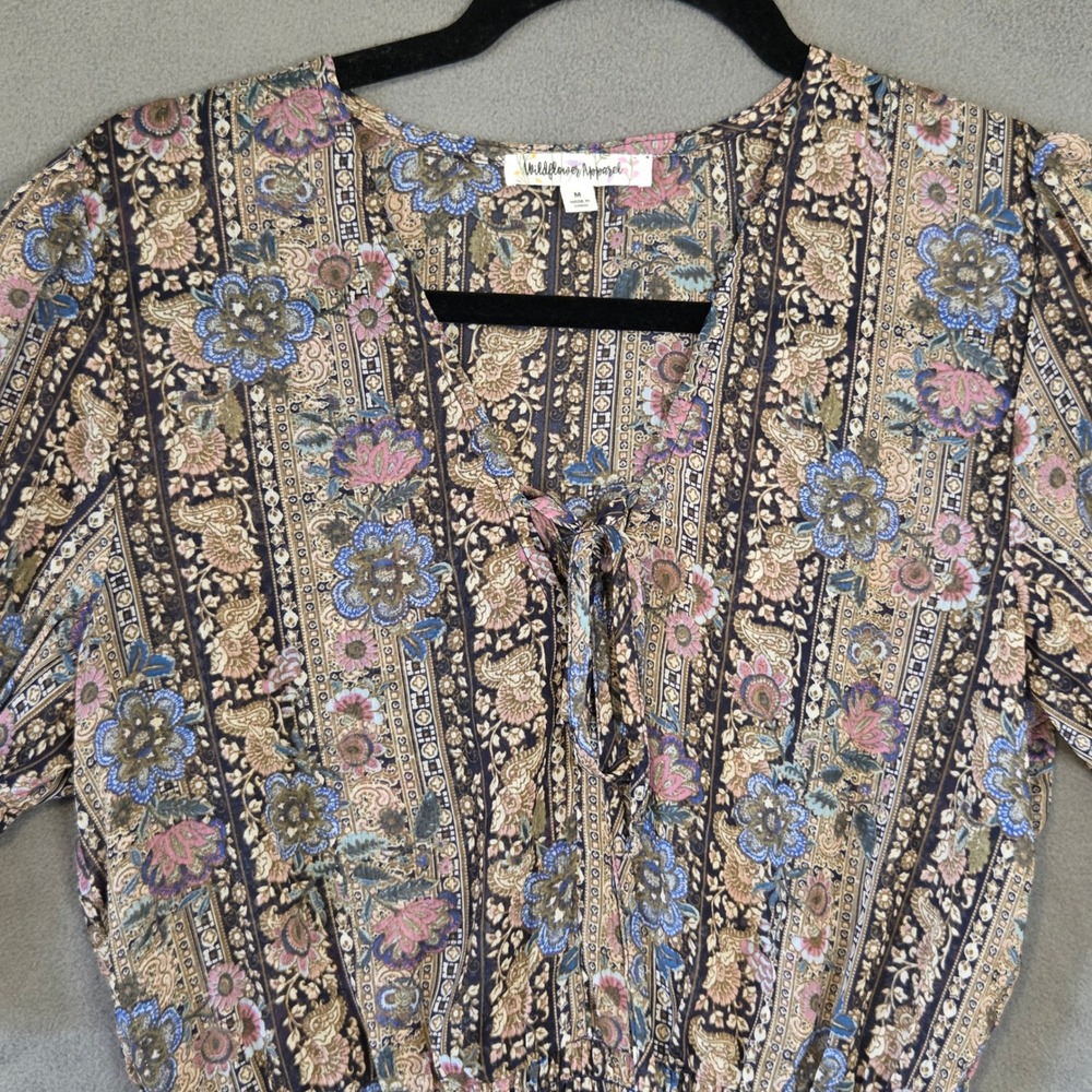 Wildflower Apparel Floral Smocked Peasant Top Women's Medium Boho Hippie - Picture 3 of 14